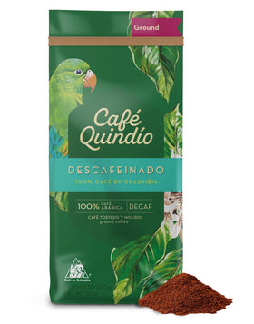 Cafe Quindio decaf coffee bag with natural sugarcane decaffeination preserving flavor.
