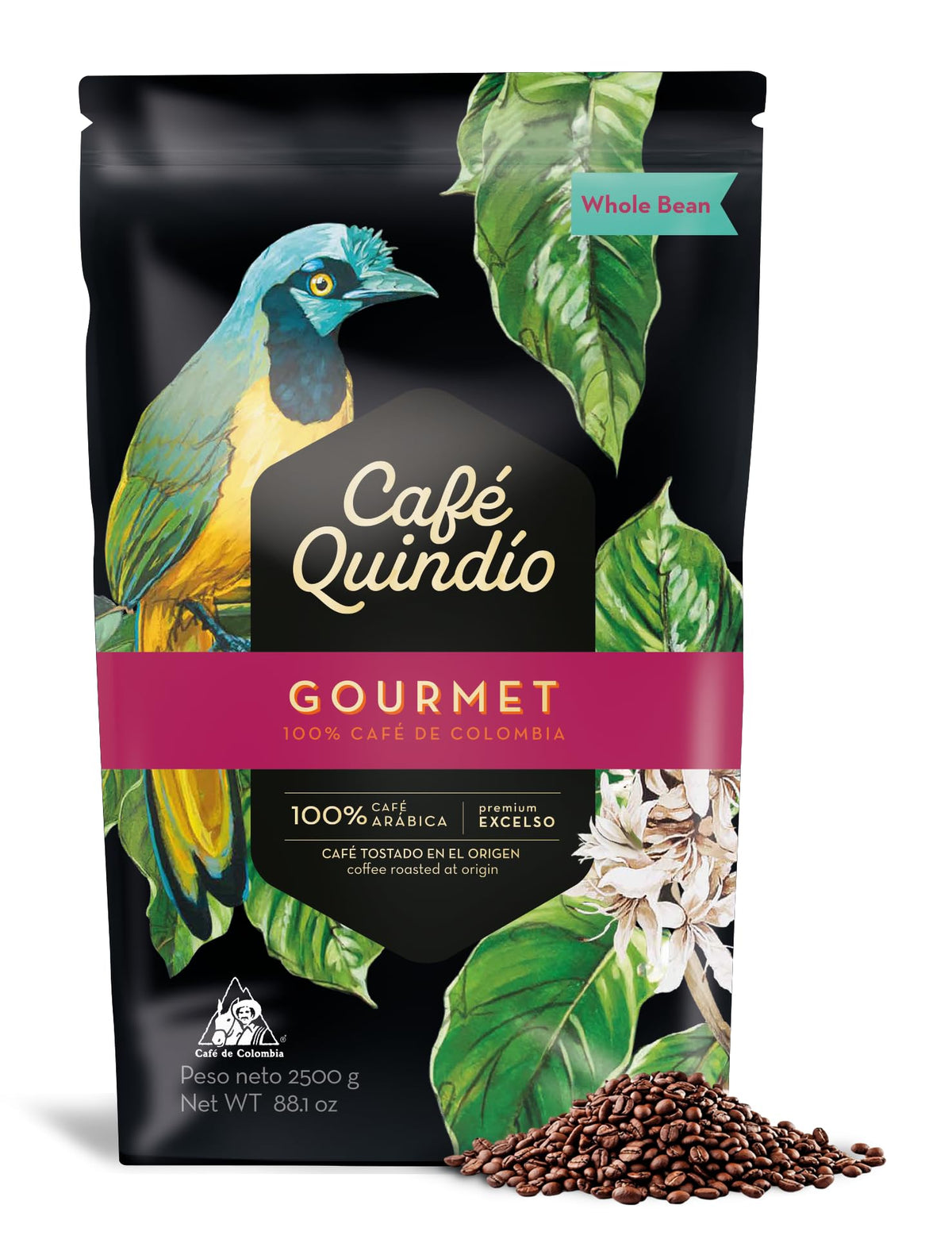 Cafe Quindio medium roast Excelso Arabica bag front showcases premium whole-bean packaging.