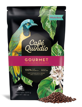 Cafe Quindio medium roast Excelso Arabica bag front showcases premium whole-bean packaging.