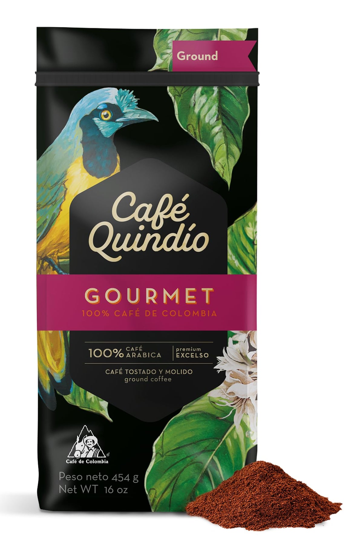 Cafe Quindio medium roast Excelso ground Arabica—packaged for a smooth morning brew.