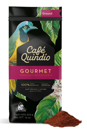 Cafe Quindio medium roast Excelso ground Arabica—packaged for a smooth morning brew.