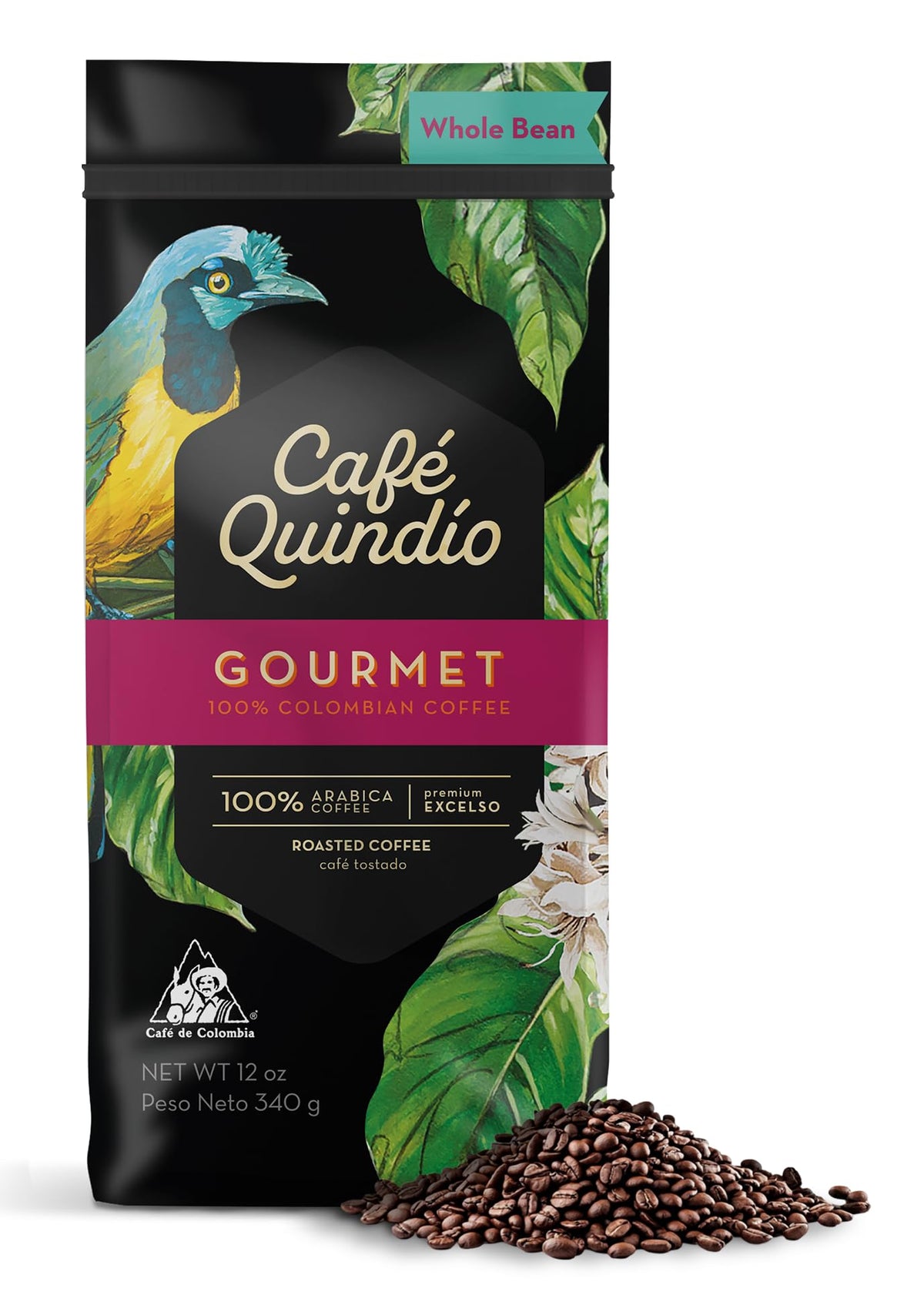 Cafe Quindio medium roast Excelso whole bean coffee ready for grinding and brewing.