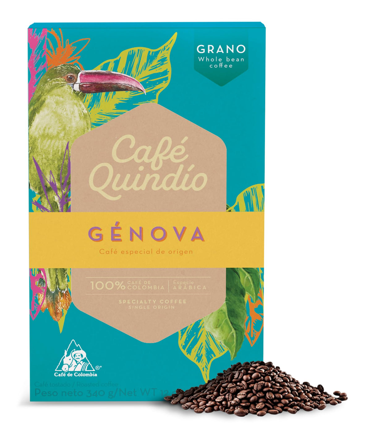 Cafe Quindio medium roast Excelso whole beans in front-pack, signaling freshness.