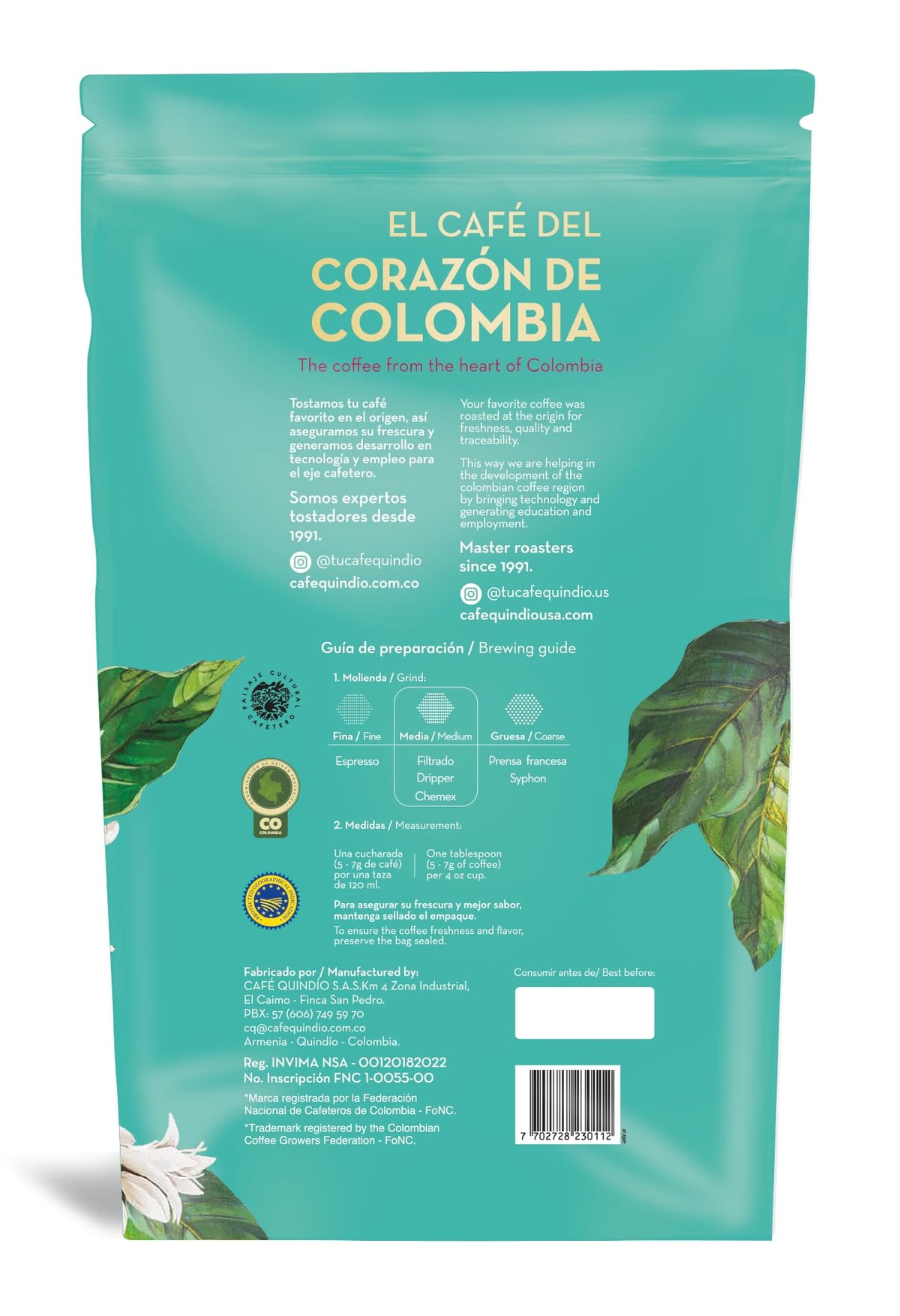 Cafe Quindio beans sourced from Quindío farmers with traceability.