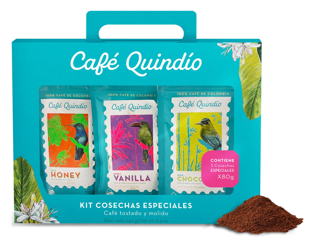 Cafe Quindio three pack 2.8 oz whole-bean coffee for home brewing.