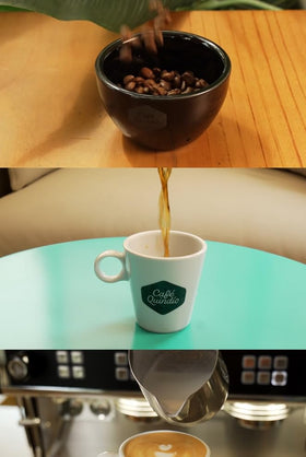 Cafe Quindio whole-bean close-up emphasizes rich chocolate and raw sugarcane notes.