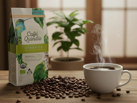 Cafe Quindio women-owned brand story on packaging supporting creative local careers.