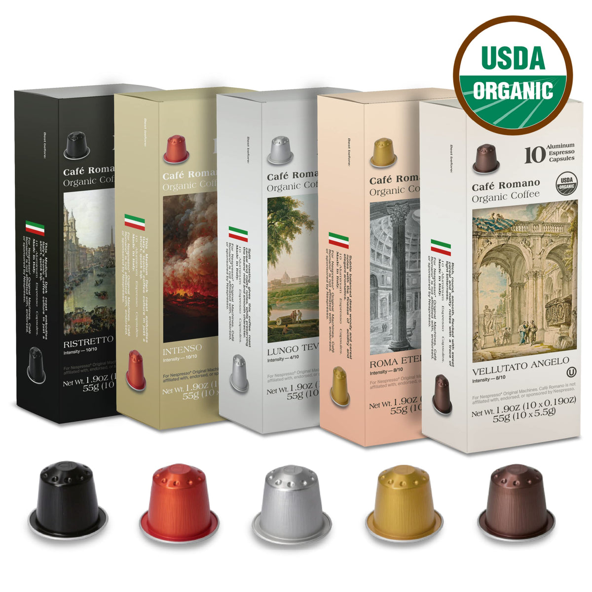 Cafe Romano lungo espresso pods for a longer, smoother cup at home.