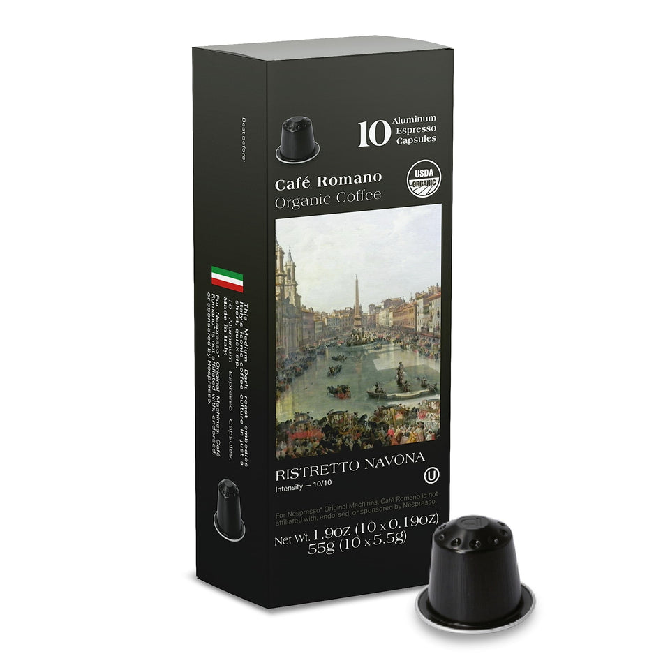 Café Romano organic arabica espresso pods for Nespresso Original, 100-pack, rich extraction.