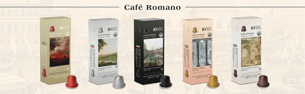 Cafe Romano Roma espresso pods offer balanced aroma and crema with every pull.