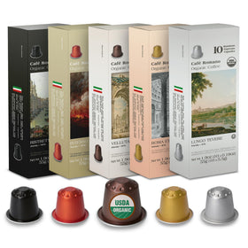 Cafe Romano variety pack espresso pods in aluminum capsules for versatile at-home espresso.