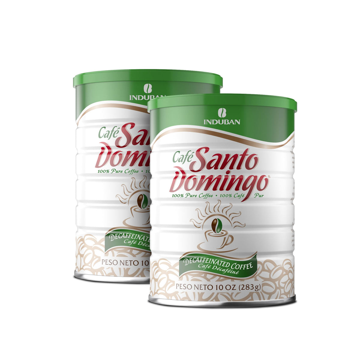 Café Santo Domingo INDUBAN decaf ground coffee 10oz pack close-up for smooth brewing.