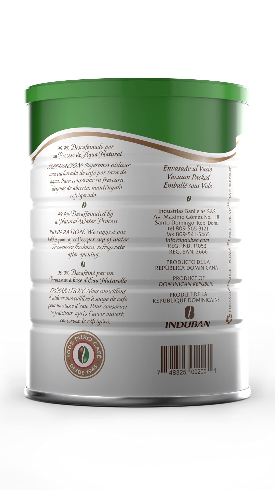 Café Santo Domingo INDUBAN decaf ground coffee bag label shows kosher gluten-free for clean preparation.