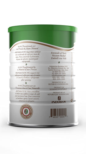 Café Santo Domingo INDUBAN decaf ground coffee bag label shows kosher gluten-free for clean preparation.
