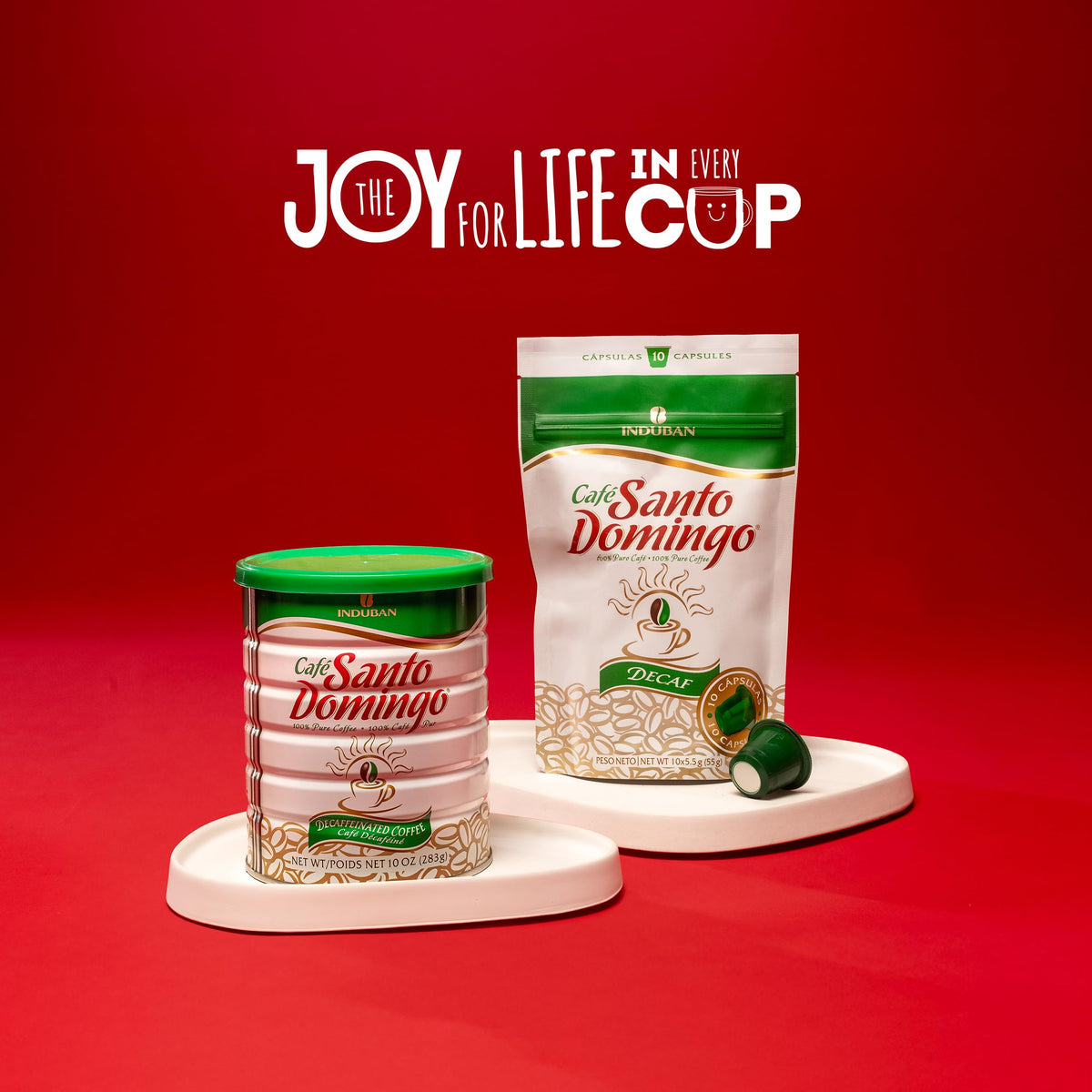 Café Santo Domingo INDUBAN decaf packaging with certification icons.