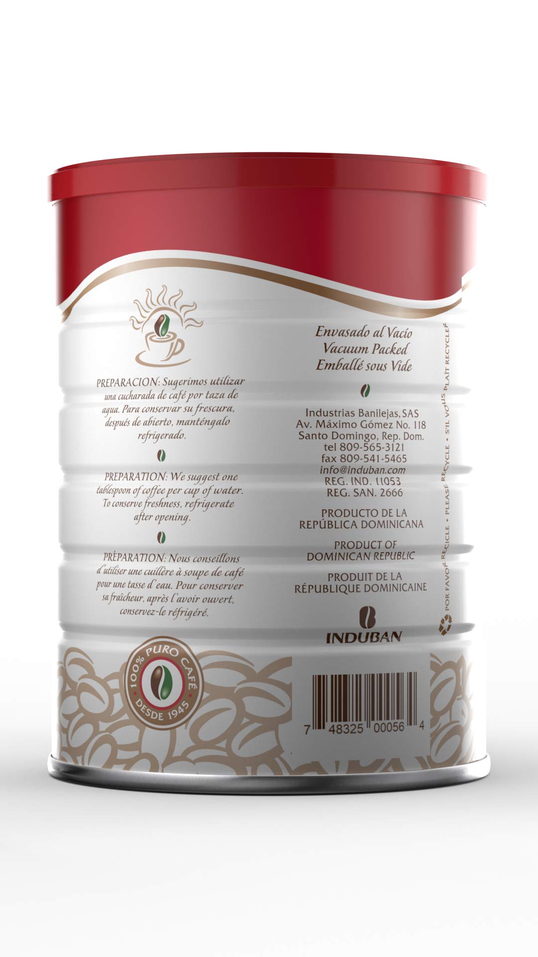 Cafe Santo Domingo INDUBAN ground coffee delivers rich aroma for drip brewing.
