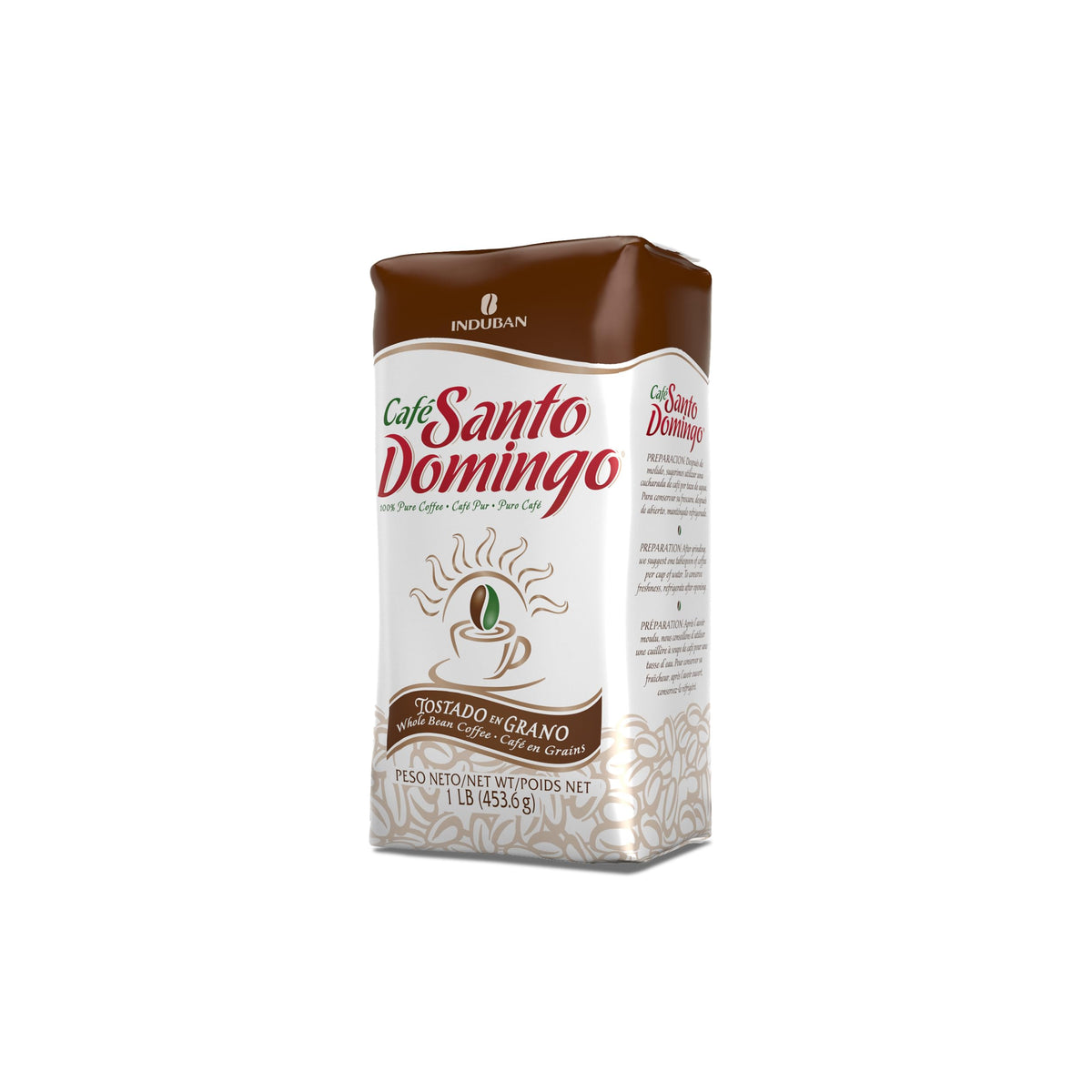 Café Santo Domingo INDUBAN whole bean 16oz bag ready for fresh grinding and brewing.