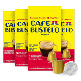 Cafe Bustelo aluminum espresso capsules in a box delivering bold dark roast aroma for a classic cafecito.