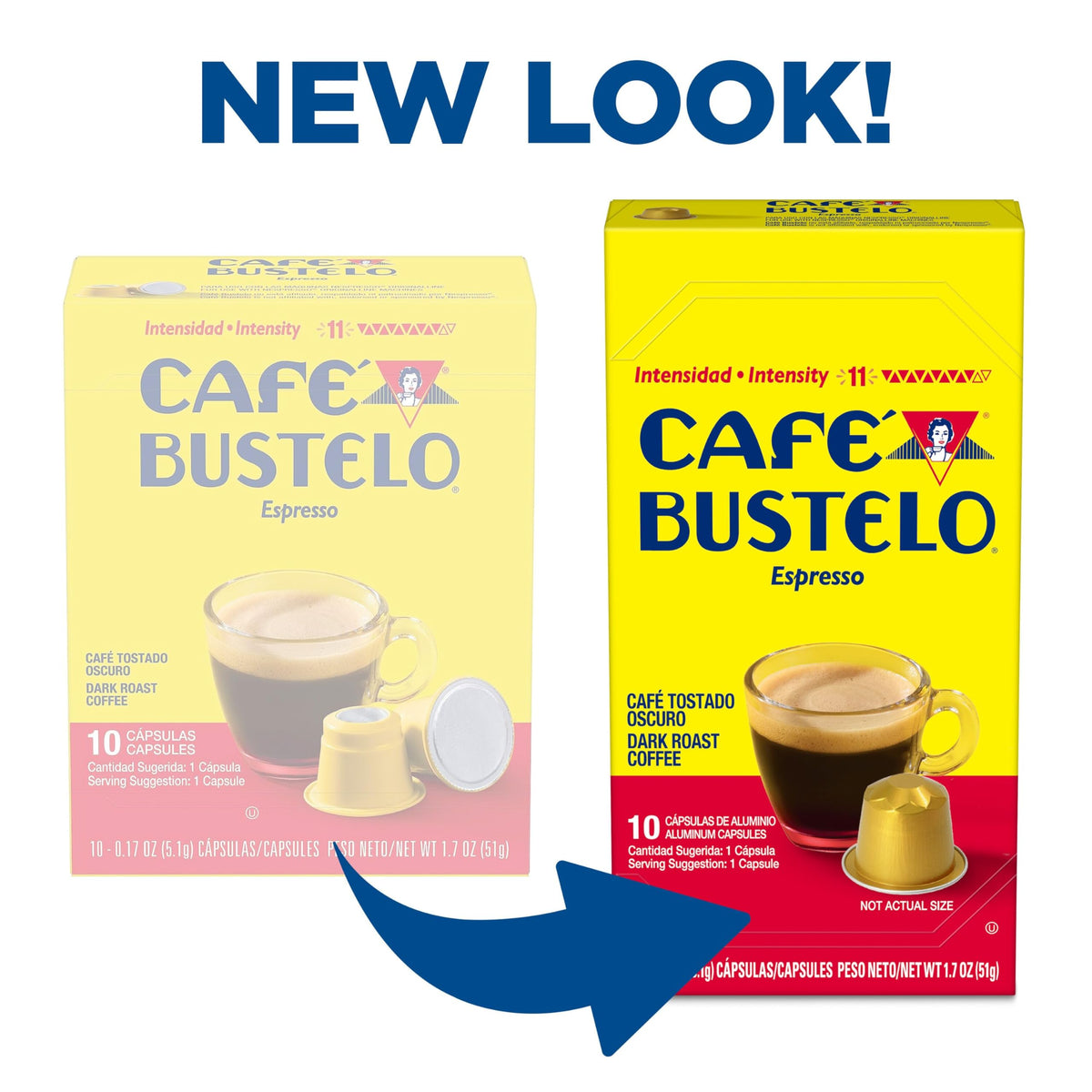 Cafe Bustelo capsules closeup highlighting rich flavor that stands up to milk and sugar.