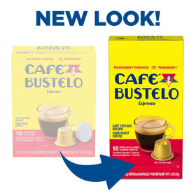 Cafe Bustelo capsules closeup highlighting rich flavor that stands up to milk and sugar.