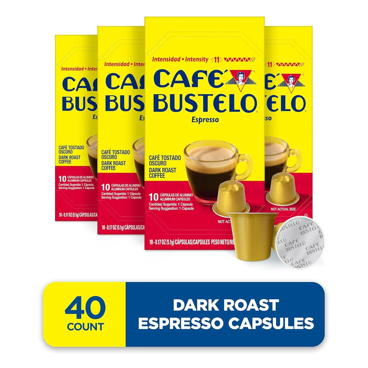 Cafe Bustelo dark roast aroma in packaging emphasizing fast, convenient espresso moments.