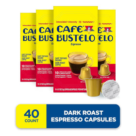 Cafe Bustelo dark roast aroma in packaging emphasizing fast, convenient espresso moments.