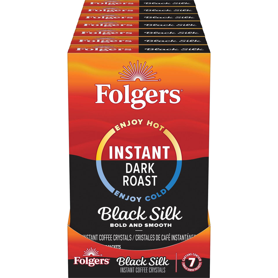 Cafe Bustelo Folgers Black Silk Instant Coffee Packets for quick hot or iced coffee, bold aroma.