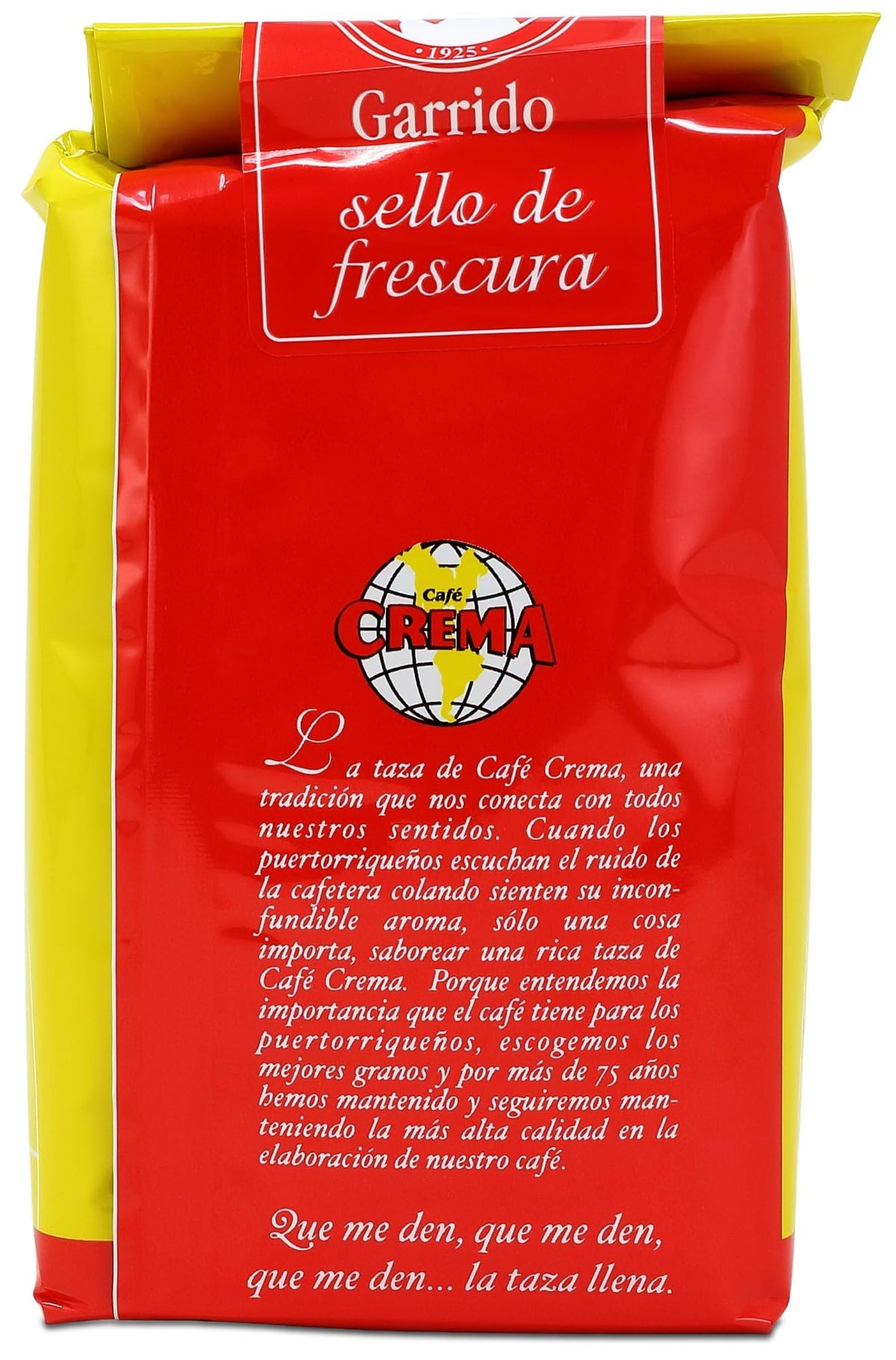 Cafe Crema packaging with Puerto Rico origin and traditional grind label