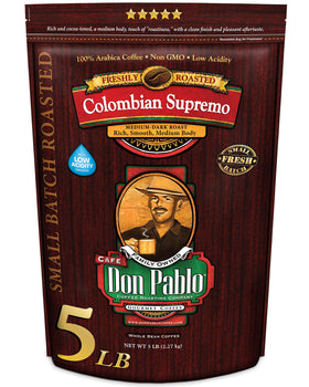 Cafe Don Pablo 5 lb bag front view for fresh whole beans ideal for home brewers
