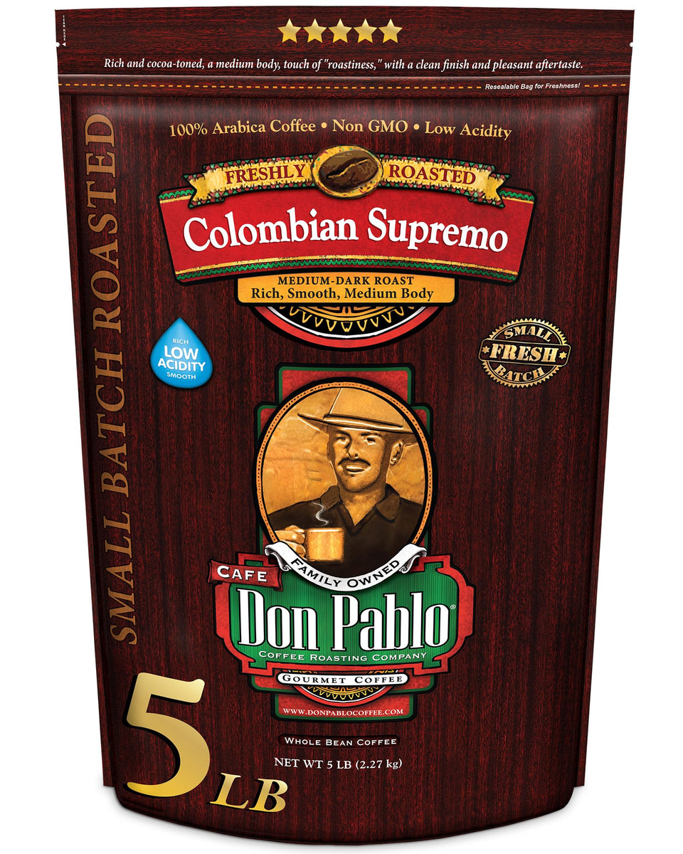 Cafe Don Pablo 5 lb bag front view for fresh whole beans ideal for home brewers