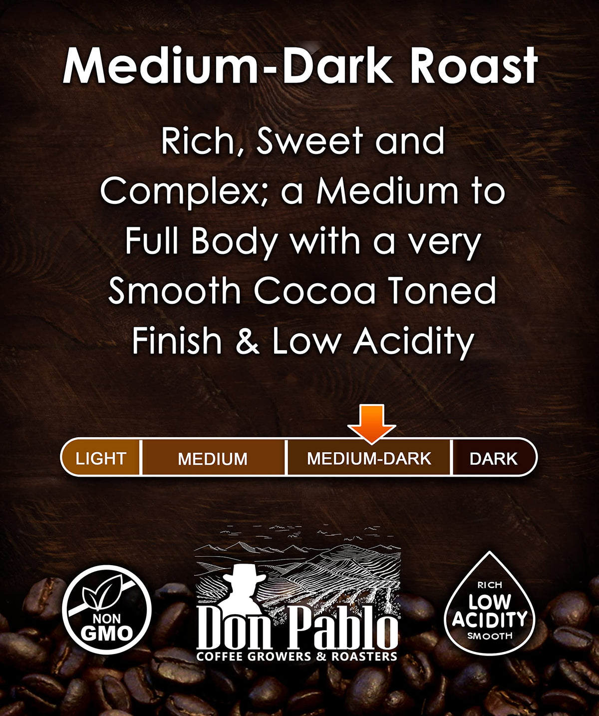 Cafe Don Pablo Arabica beans emphasize rich body with a smooth cocoa finish.
