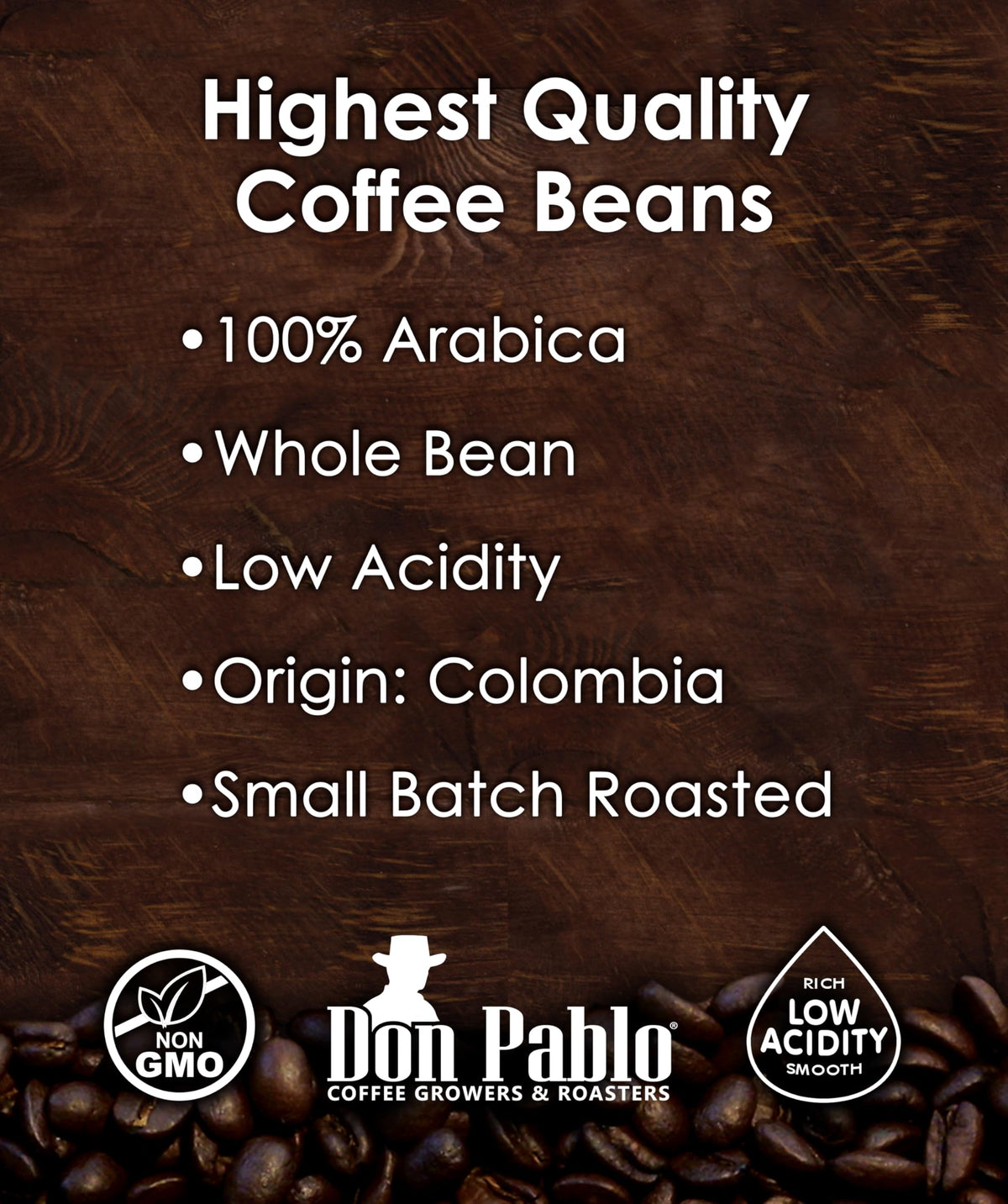 Cafe Don Pablo Colombian Supremo whole beans close-up highlighting aroma and GMO-free quality