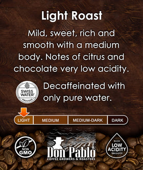 Cup of Cafe Don Pablo decaf coffee showcasing a smooth, low-acid profile.