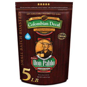 Don Pablo Colombian Decaf bag front shows premium Arabica with Swiss Water decaf.