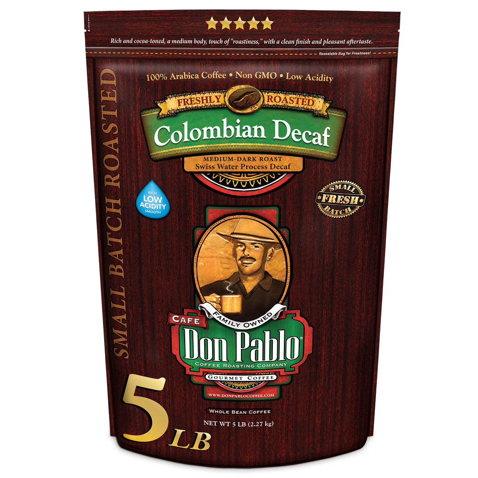 Don Pablo Colombian Decaf bag front shows premium Arabica with Swiss Water decaf.