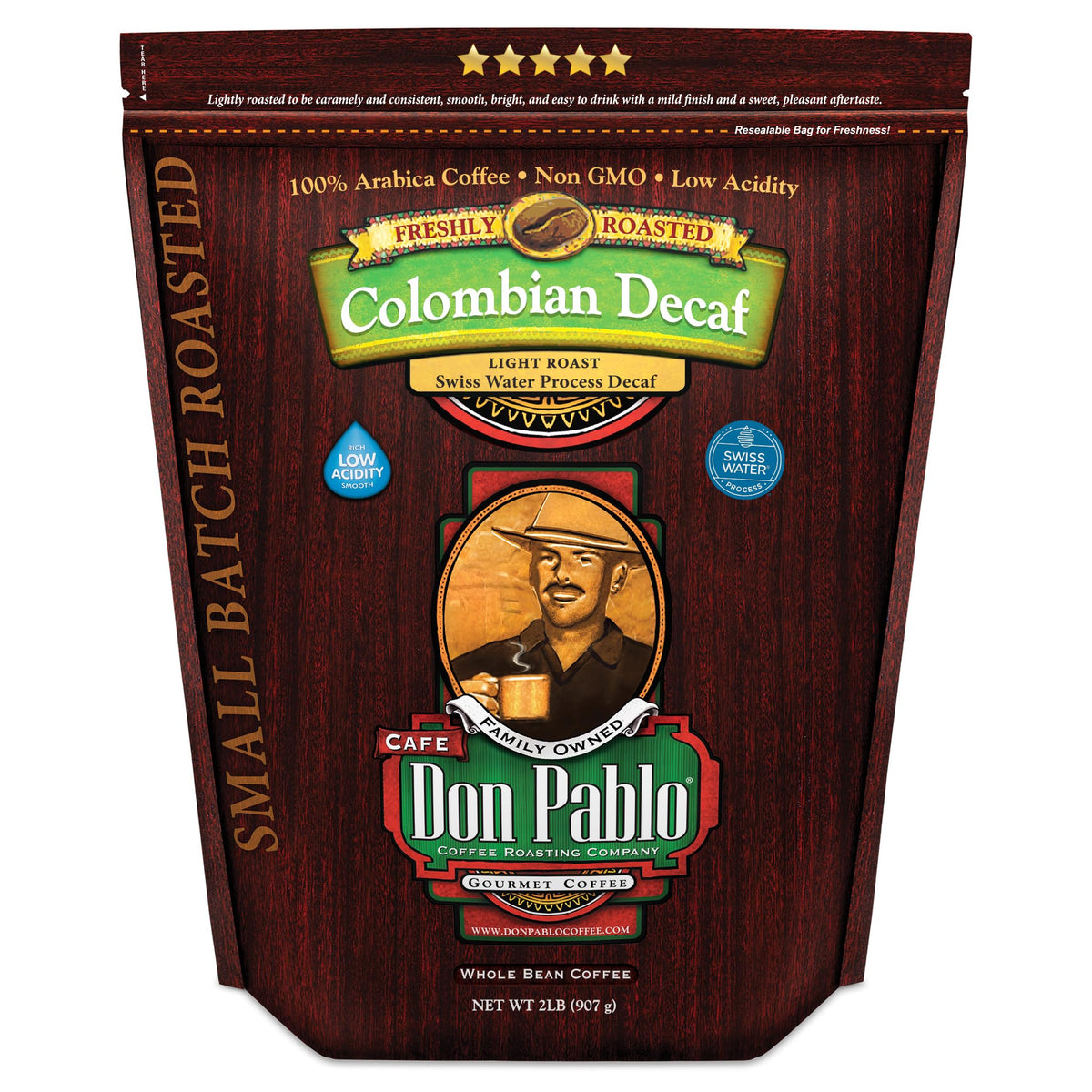 Cafe Don Pablo Colombian Decaf bag of premium whole beans for freshness.