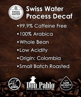 Don Pablo decaf beans in a bag ideal for flavorful, caffeine-free brewing.