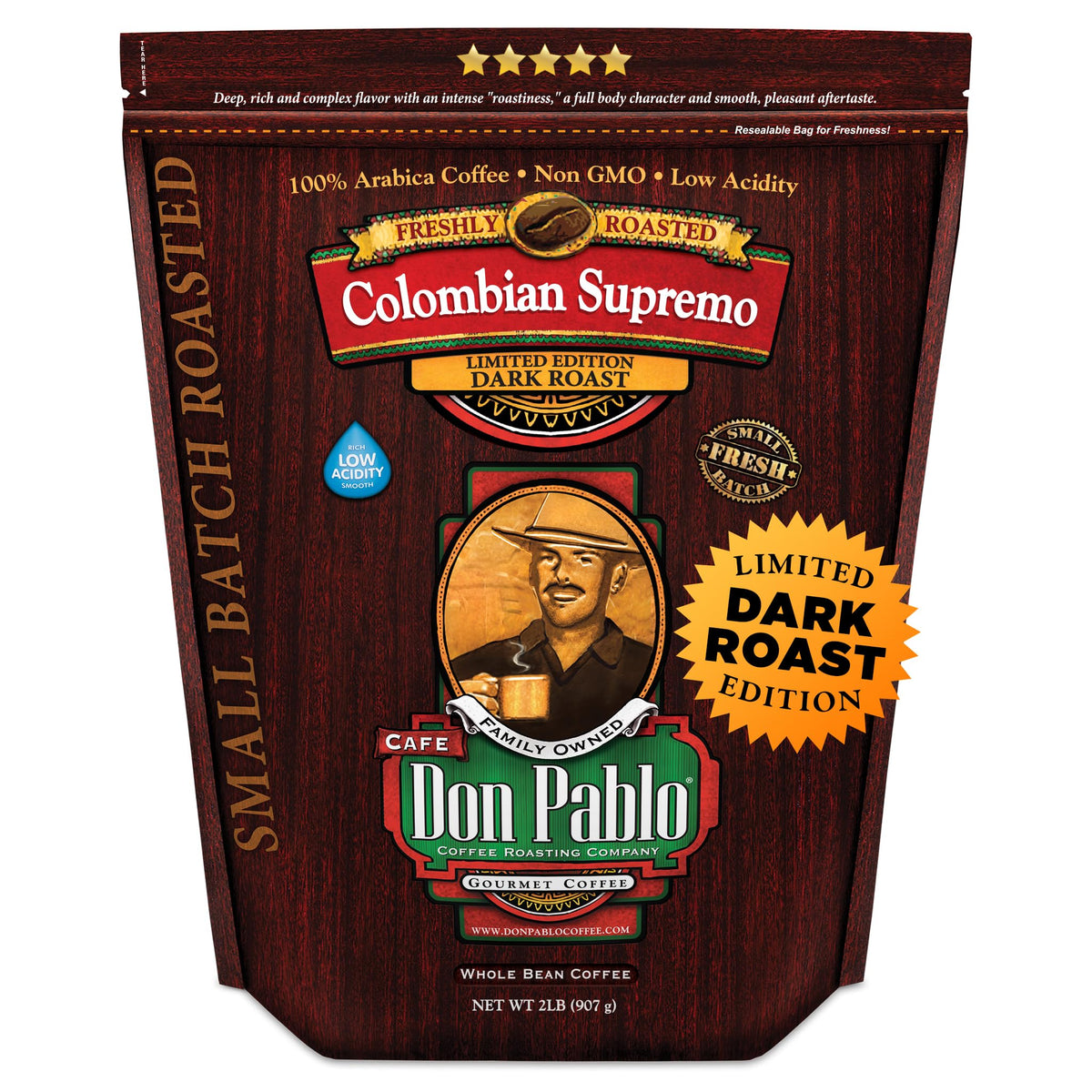 Cafe Don Pablo Don Pablo Colombian Supremo dark roast whole beans for a bold, smooth cup.