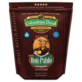 Cafe Don Pablo Colombian Decaf bag front with resealable freshness seal.
