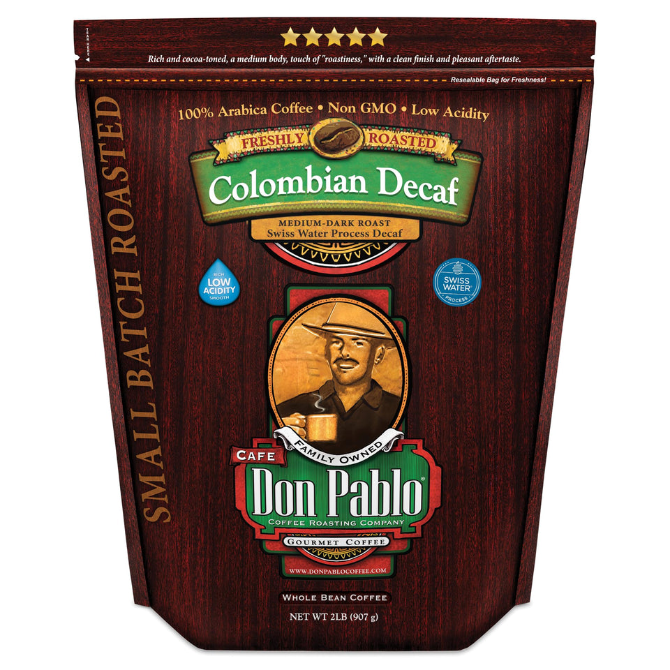 Cafe Don Pablo Colombian Decaf bag front with resealable freshness seal.