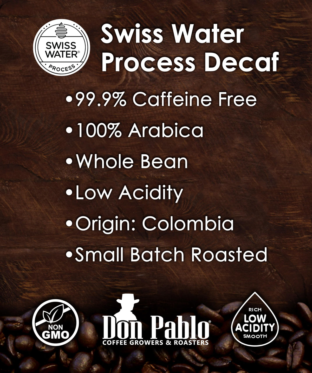 Cafe Don Pablo decaf bag opened to reveal beans.