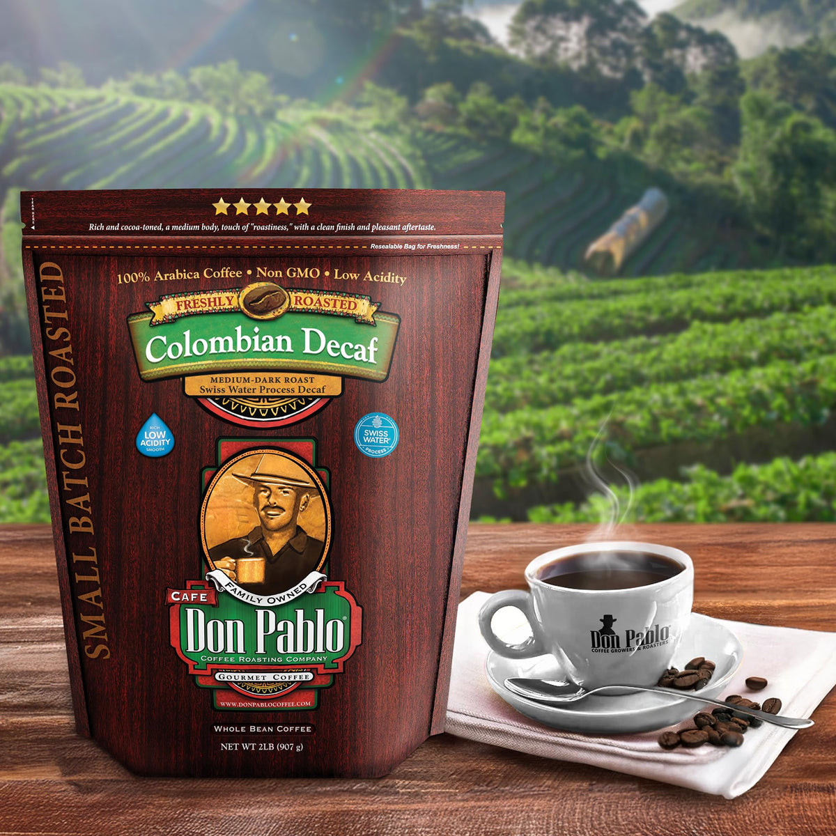 Cafe Don Pablo decaf beans close-up showing rich color.