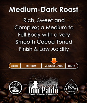 Cafe Don Pablo Signature Blend aroma shot highlighting 100% Arabica beans and cocoa notes.