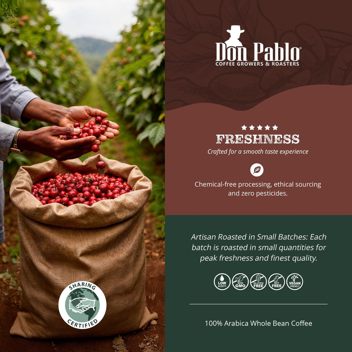 Cafe Don Pablo Signature Blend whole bean bag alongside coffee grinder for fresh grind.