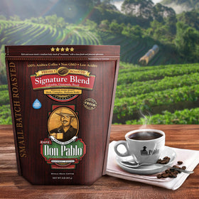 Cafe Don Pablo Signature Blend origins Colombia Guatemala Brazil represented in a trio.