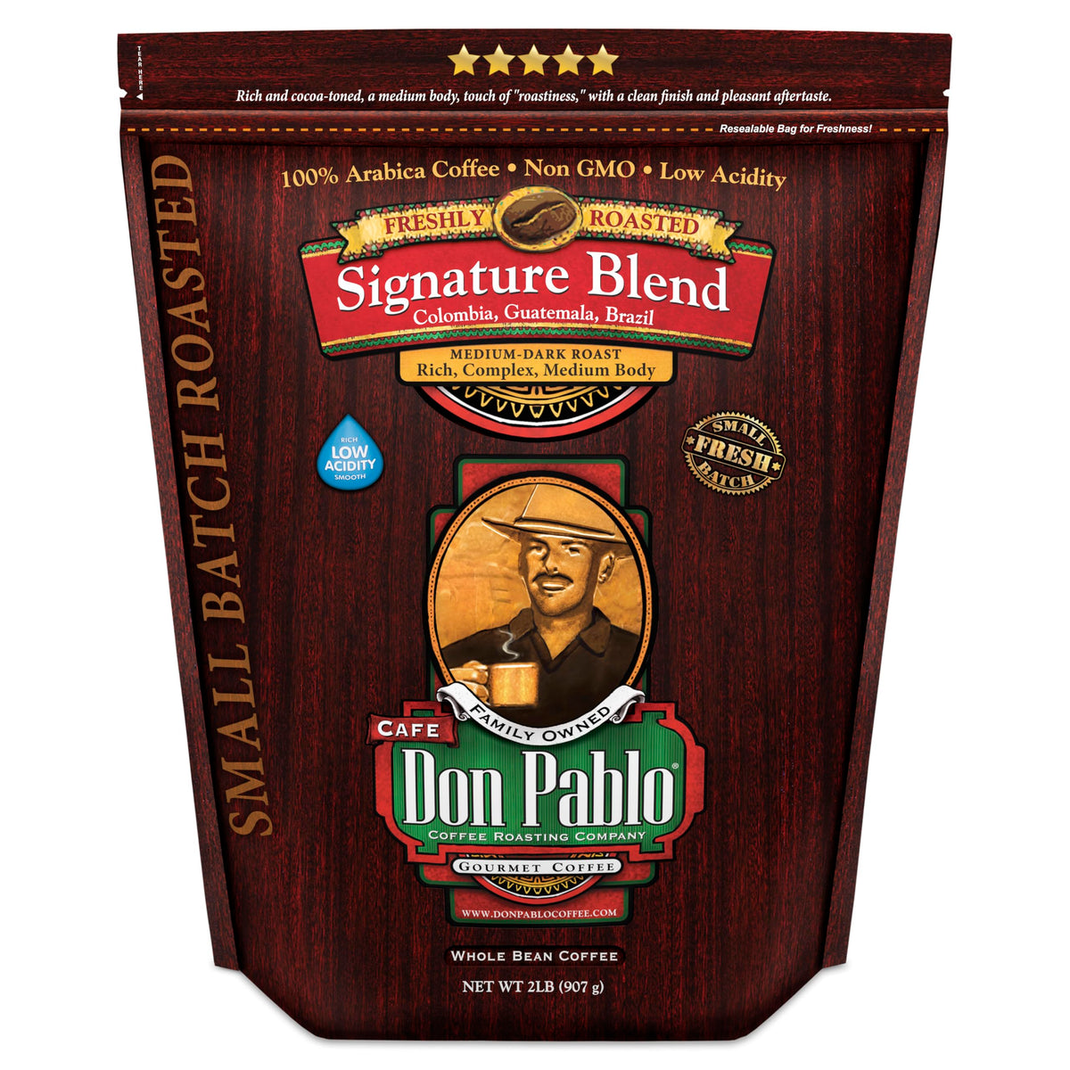Cafe Don Pablo Signature Blend medium-dark roast beans close-up for rich aroma and smooth finish.