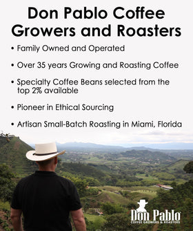 Cafe Don Pablo Signature Blend packaging and whole beans for GMO-free coffee choice.
