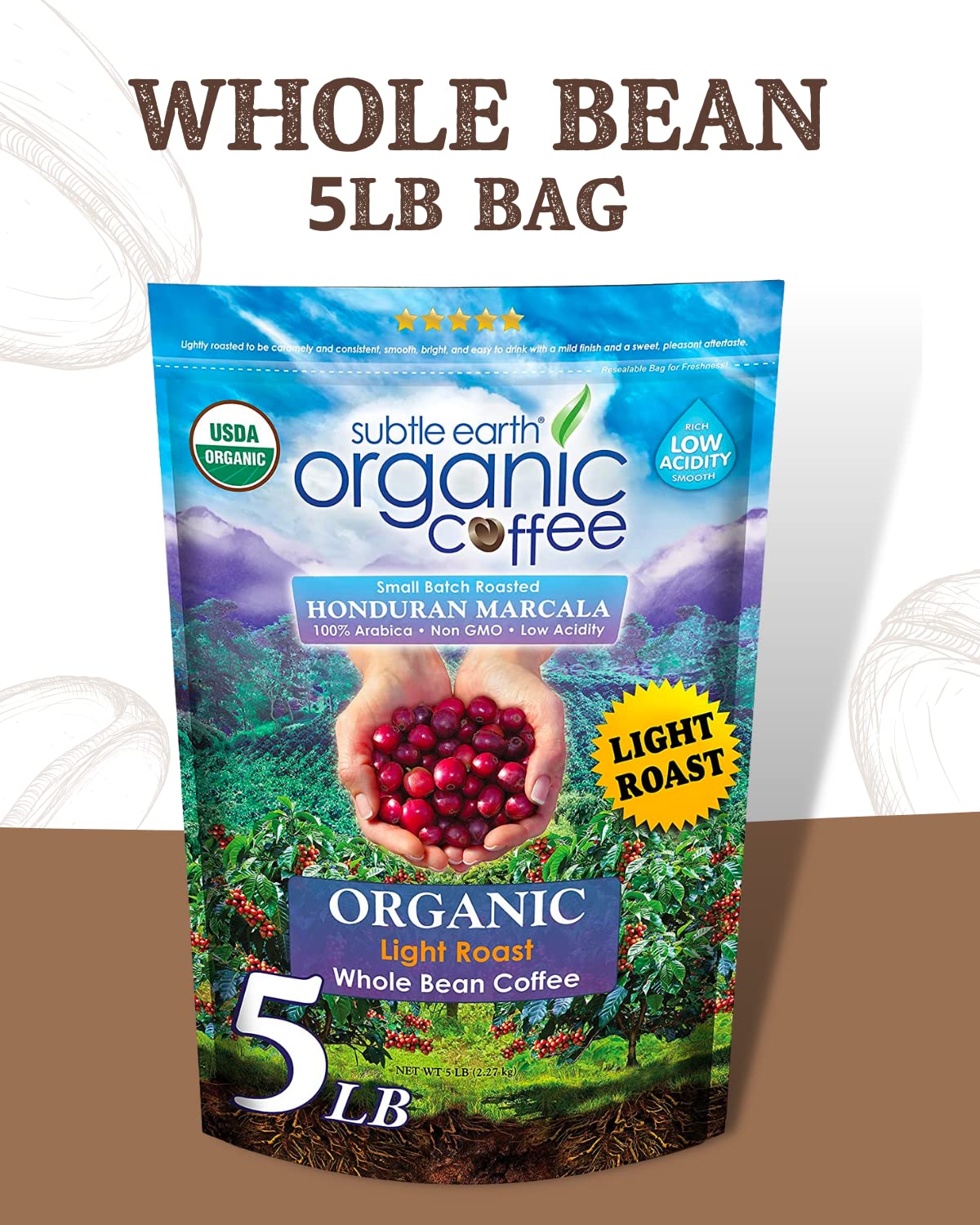 5 lb bag of Cafe Don Pablo Subtle Earth coffee for home or office use.