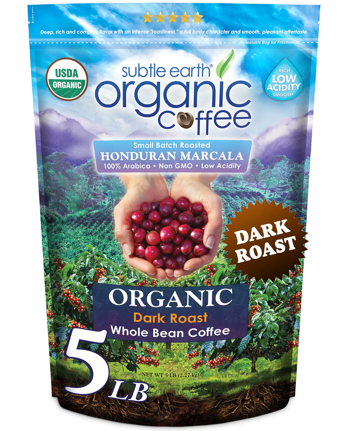 Cafe Don Pablo Subtle Earth dark roast whole beans in a 5lb bag for a rich, balanced cup.