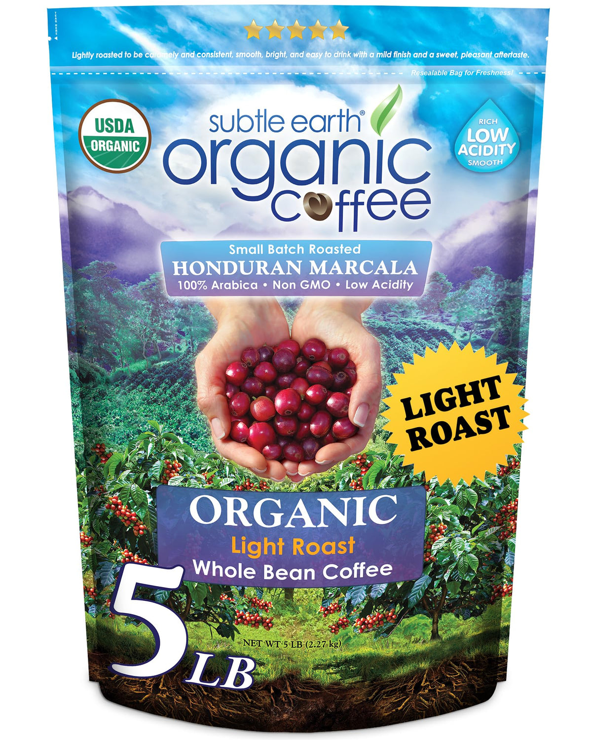 Cafe Don Pablo Subtle Earth light roast bag showcases organic, low-acidity coffee.